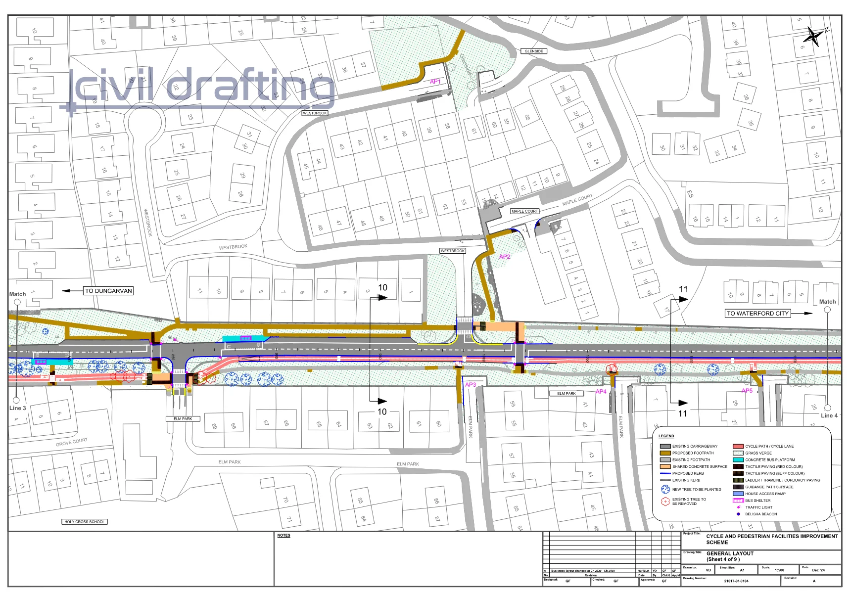 General Layout Section 4 - Tramore Ring Road Reconstruction. This sheet focuses on upgraded intersections, integrating improved drainage systems and safer pedestrian crossings.