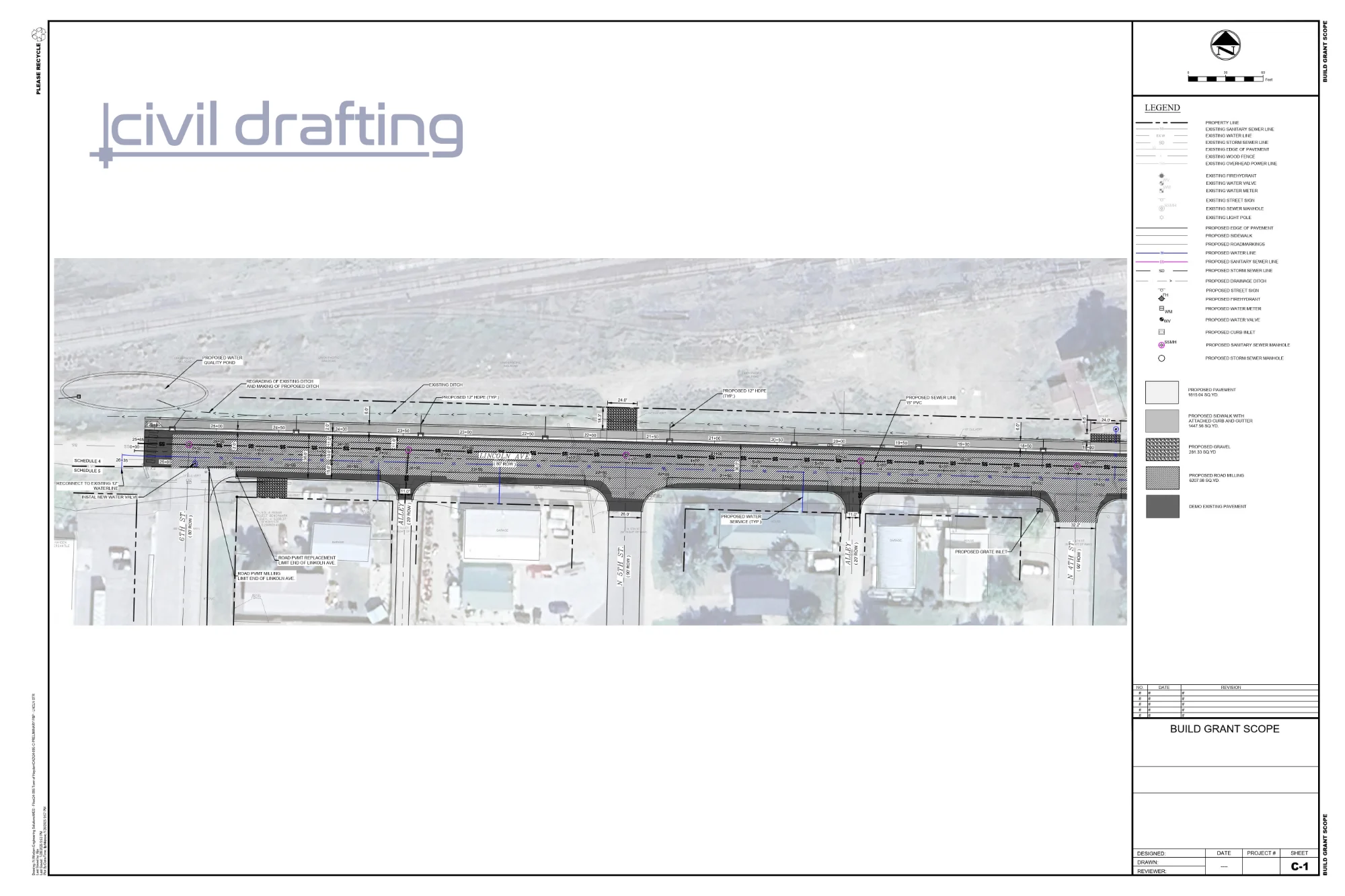 Infrastructure Plan Segment 1 - Town of Hayden Lincoln Avenue. This plan segment shows roadway and utility improvements along Lincoln Avenue including new pavement, sidewalk with curb and gutter, storm sewer systems, and water line upgrades.