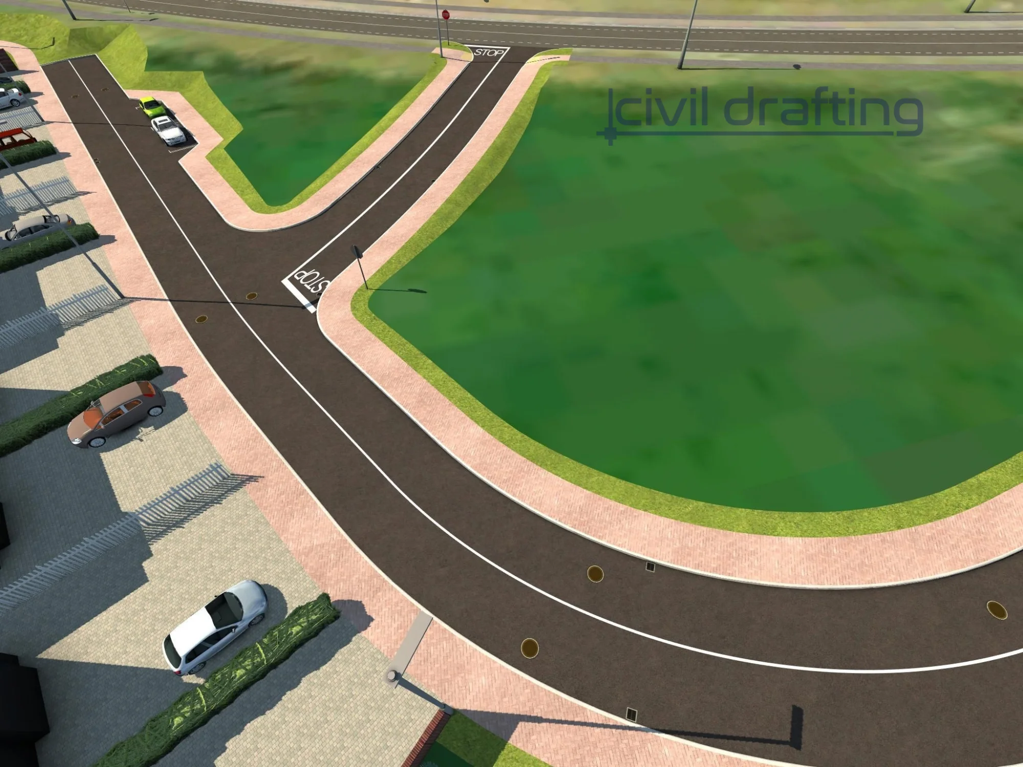Roadway layout subdivision design - CP Subdivision. A detailed view of the internal roadway layout, highlighting curb geometry, turning radii, and parking integration within the subdivision. The design ensures safe vehicle movement and efficient access to each residential unit.