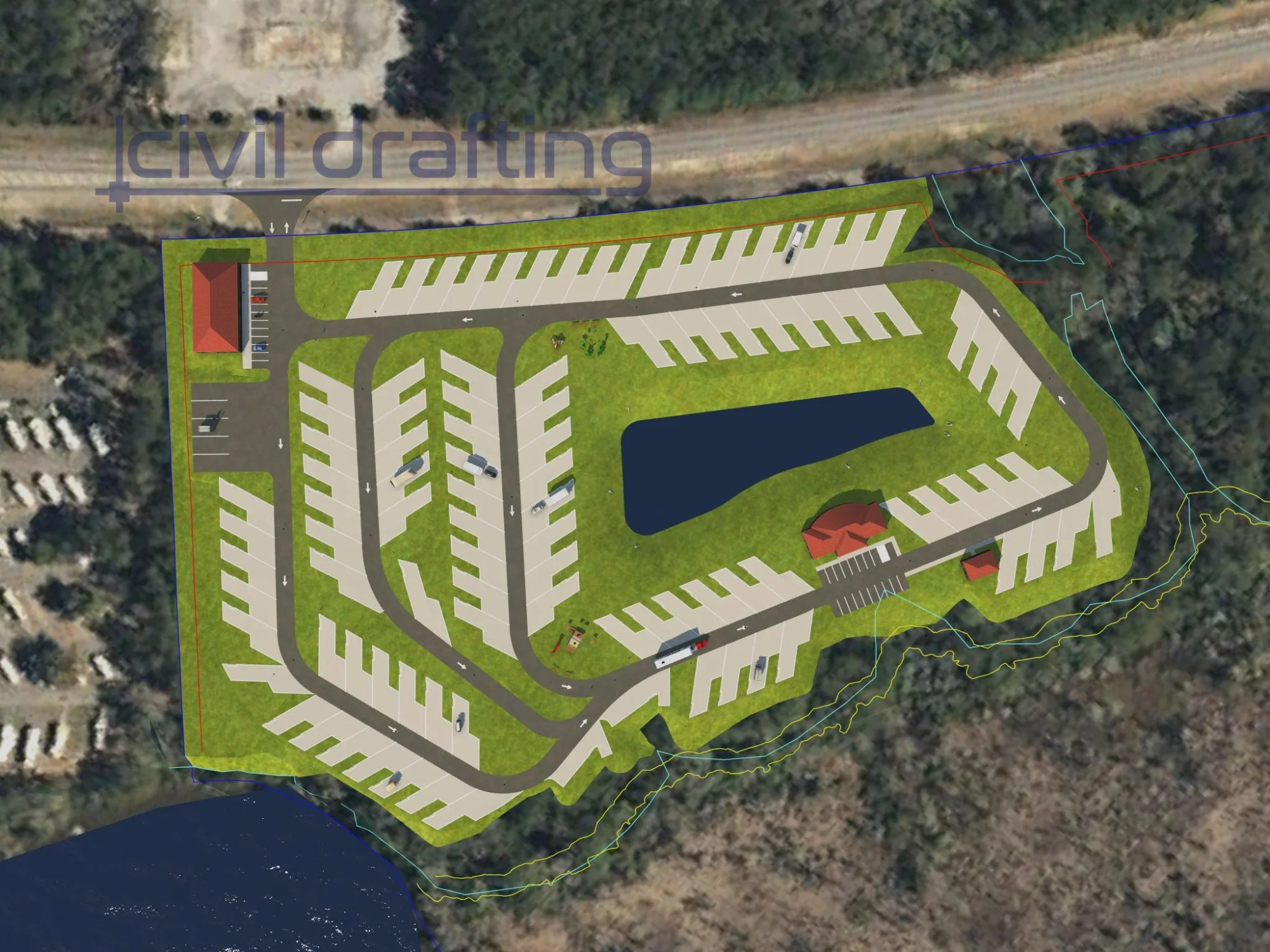 Park Site Layout Concept Render - Oak Bluff RV. Rendered site layout illustrating the overall arrangement of RV spaces, internal circulation roads, parking areas, and recreational features including the central lake.