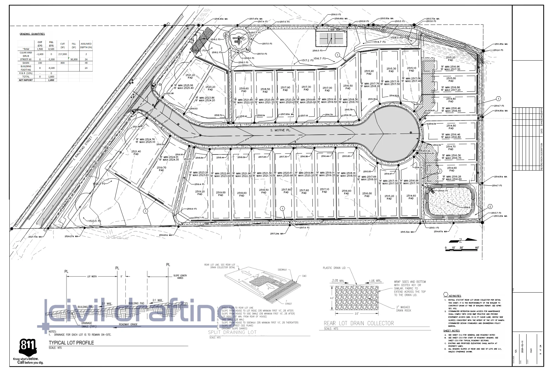 Lot grading plan with building pad elevations, grading quantities table, and typical lot drainage details for the subdivision