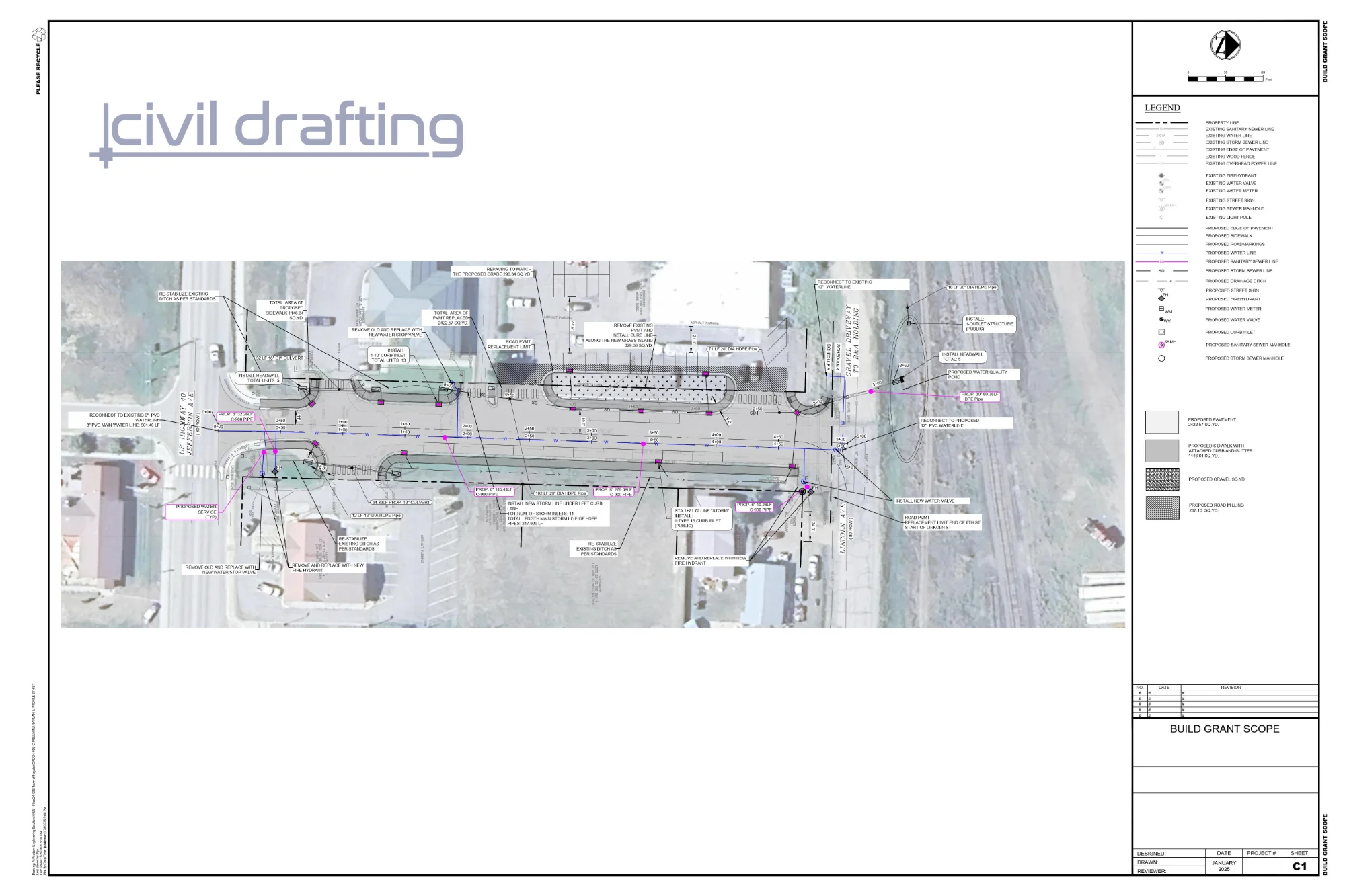 Infrastructure Plan Segment 4 - Town of Hayden Lincoln Avenue. This final segment shows continued roadway reconstruction with storm drainage, utility connections, and pavement improvements completing the Lincoln Avenue upgrade corridor.