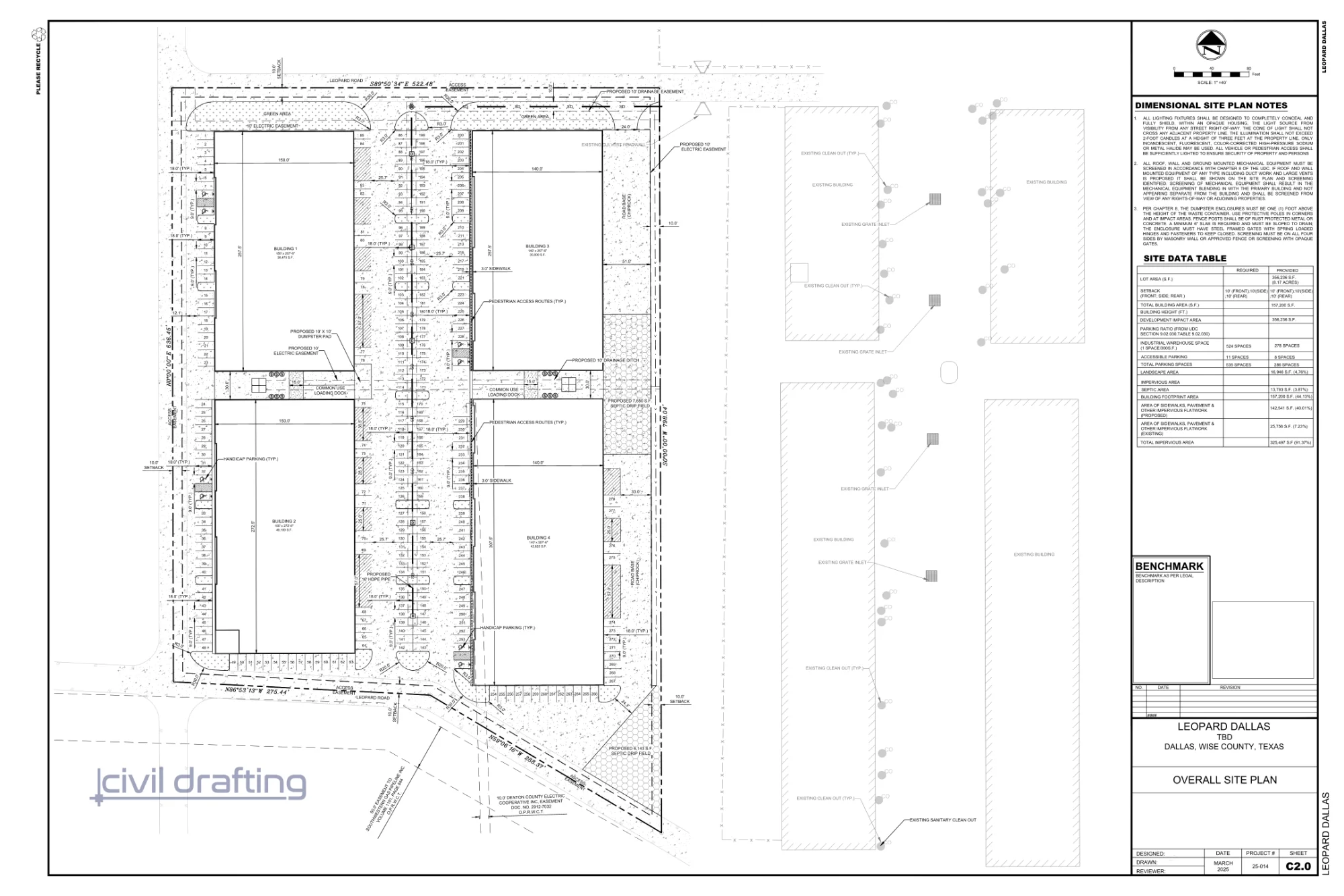 Industrial Site Plan - Dallas TX.  This detailed site plan illustrates an 8.18-acre industrial development with four warehouse buildings, parking layout, septic areas, and drainage infrastructure.
