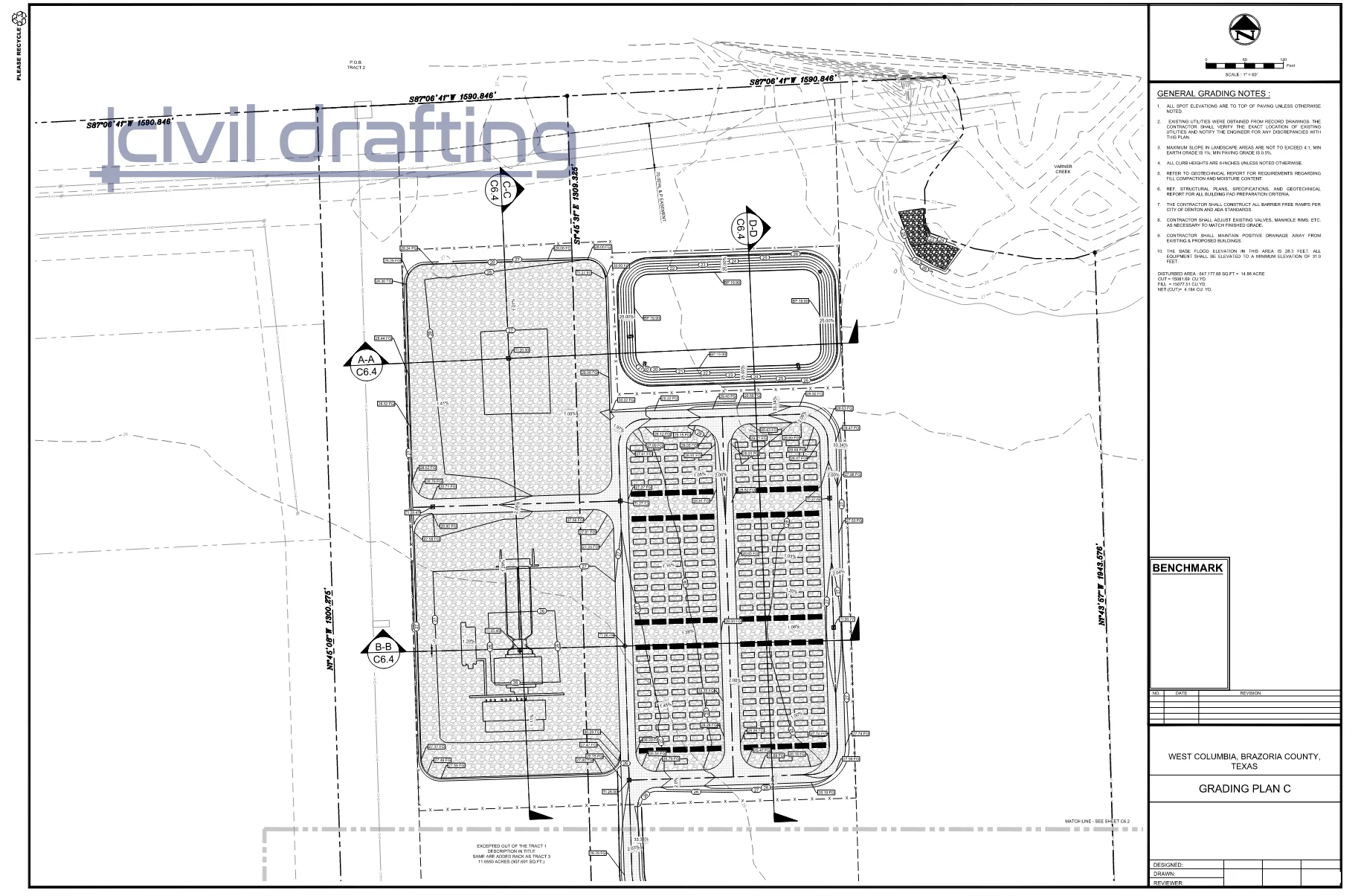 Grading Plan - BESS Facility. Grading plan showing site contours, slopes, and integration of detention infrastructure to ensure proper drainage performance.