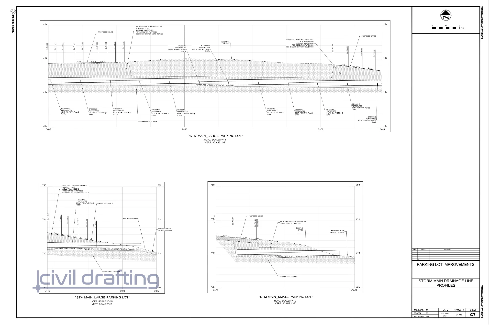 Storm Mainline Drainage Profile - University Dr Parking Lot. Detailed stormwater profile showing pipe slopes, and elevations.