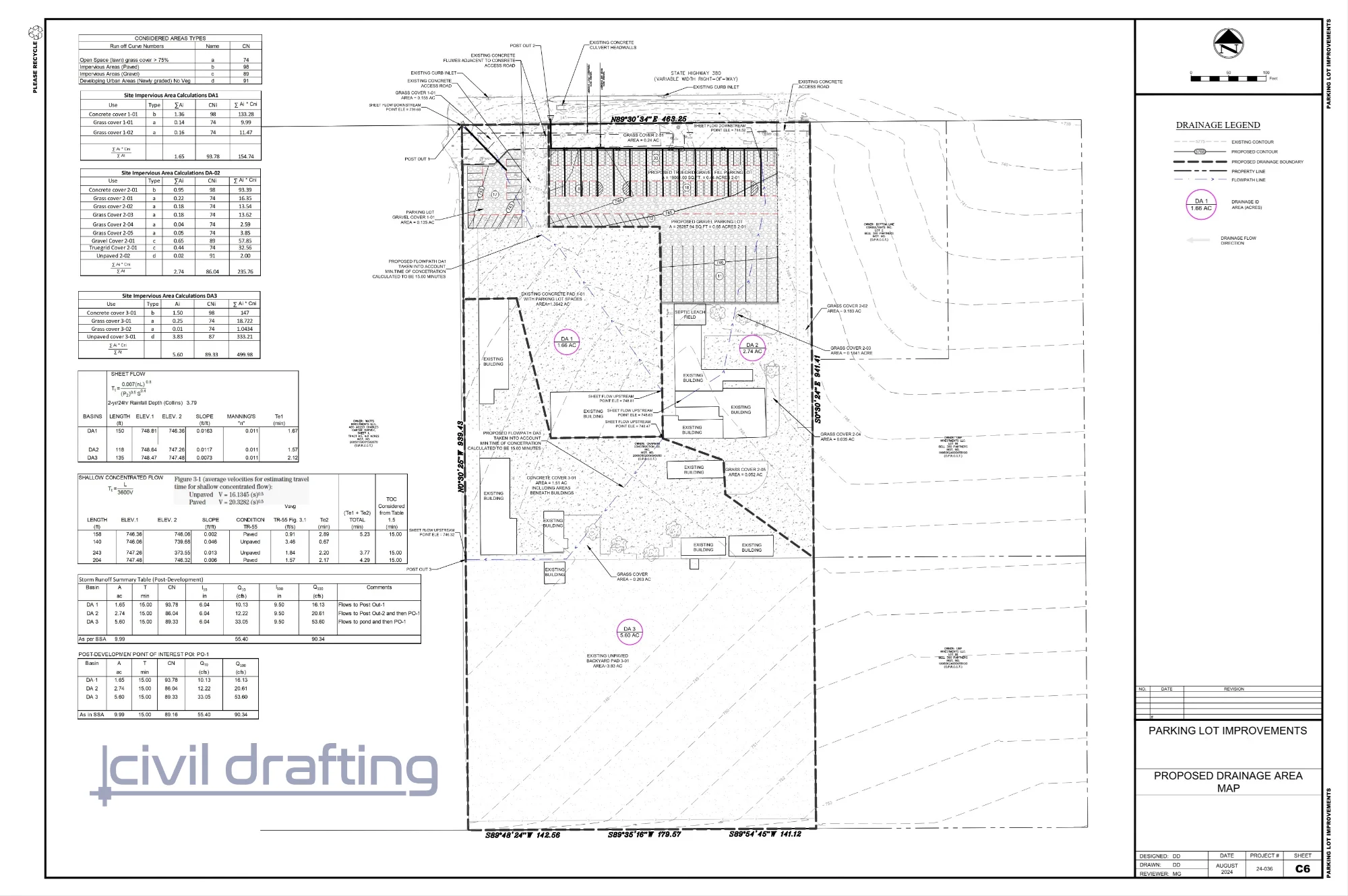 Proposed Drainage Area Map - University Dr Parking Lot. Plan illustrating proposed drainage areas, flow paths, and stormwater distribution across the site following development.