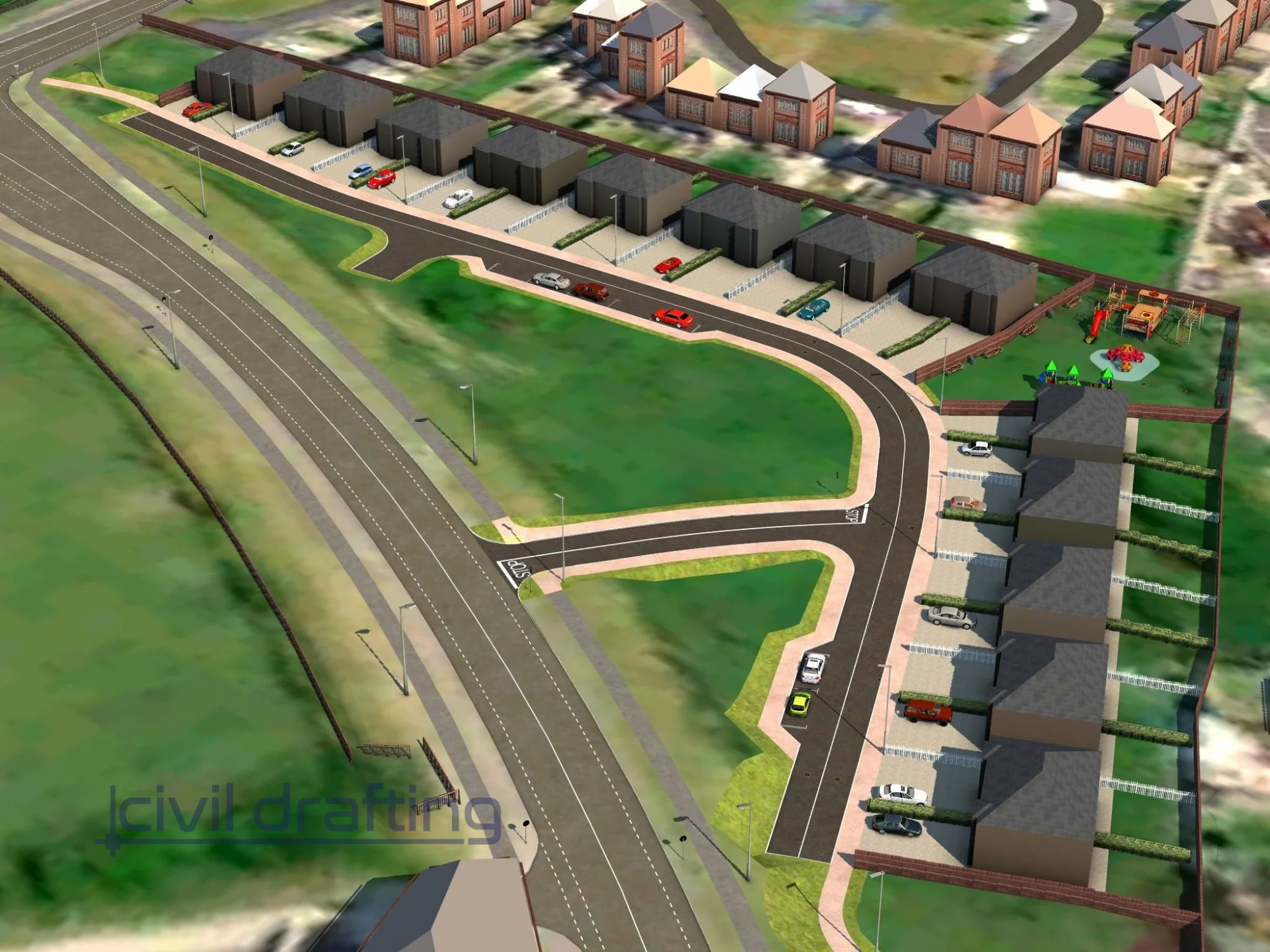 3D rendering of a residential subdivision layout - CP Subdivision. Conceptual 3D visualization of residential development showing internal road layout, housing units, parking, and landscaped areas.