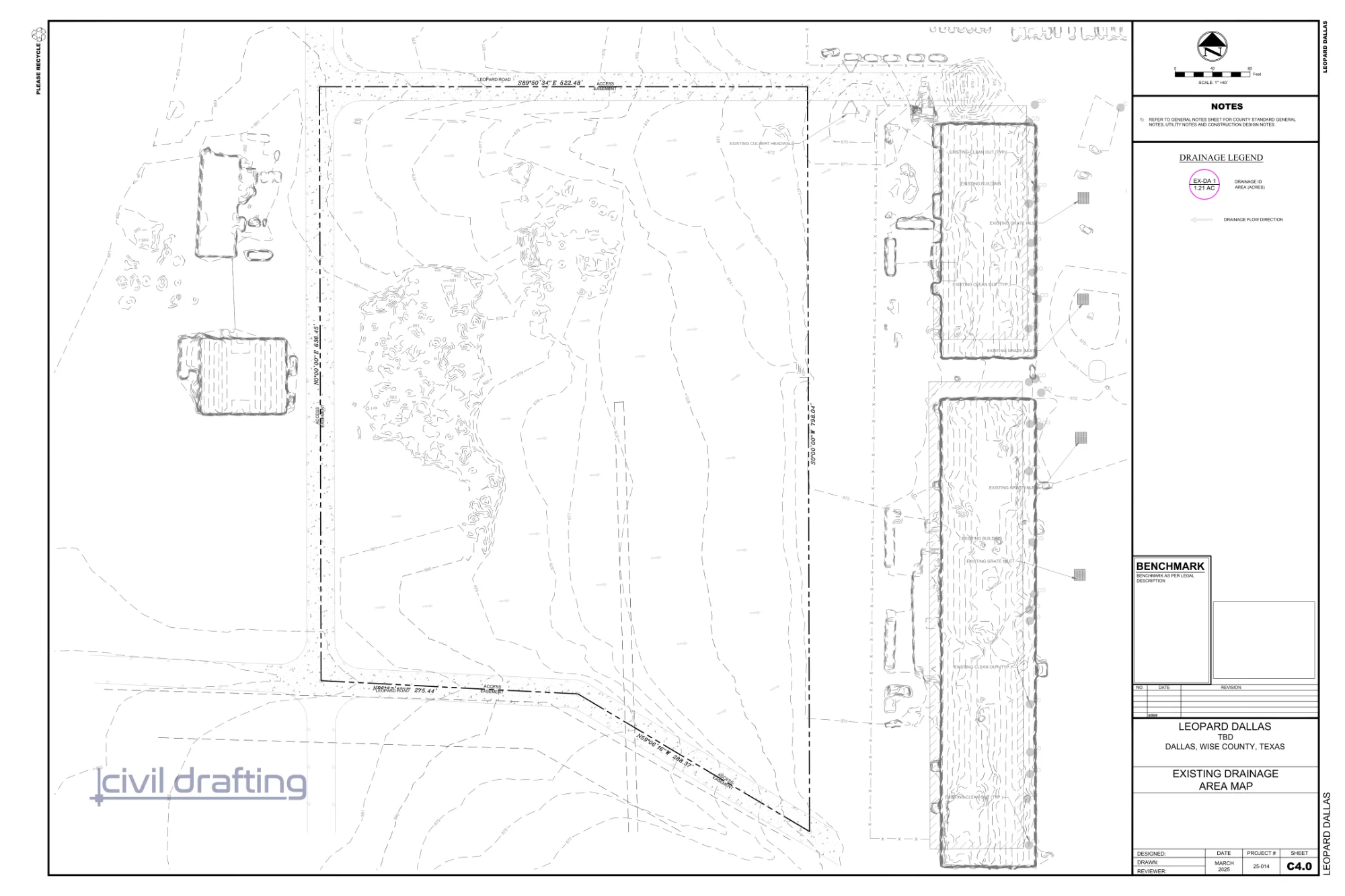 Existing Drainage Map - Dallas TX. The drainage plan outlines flow directions, elevation contours, and stormwater management strategy for the industrial development.