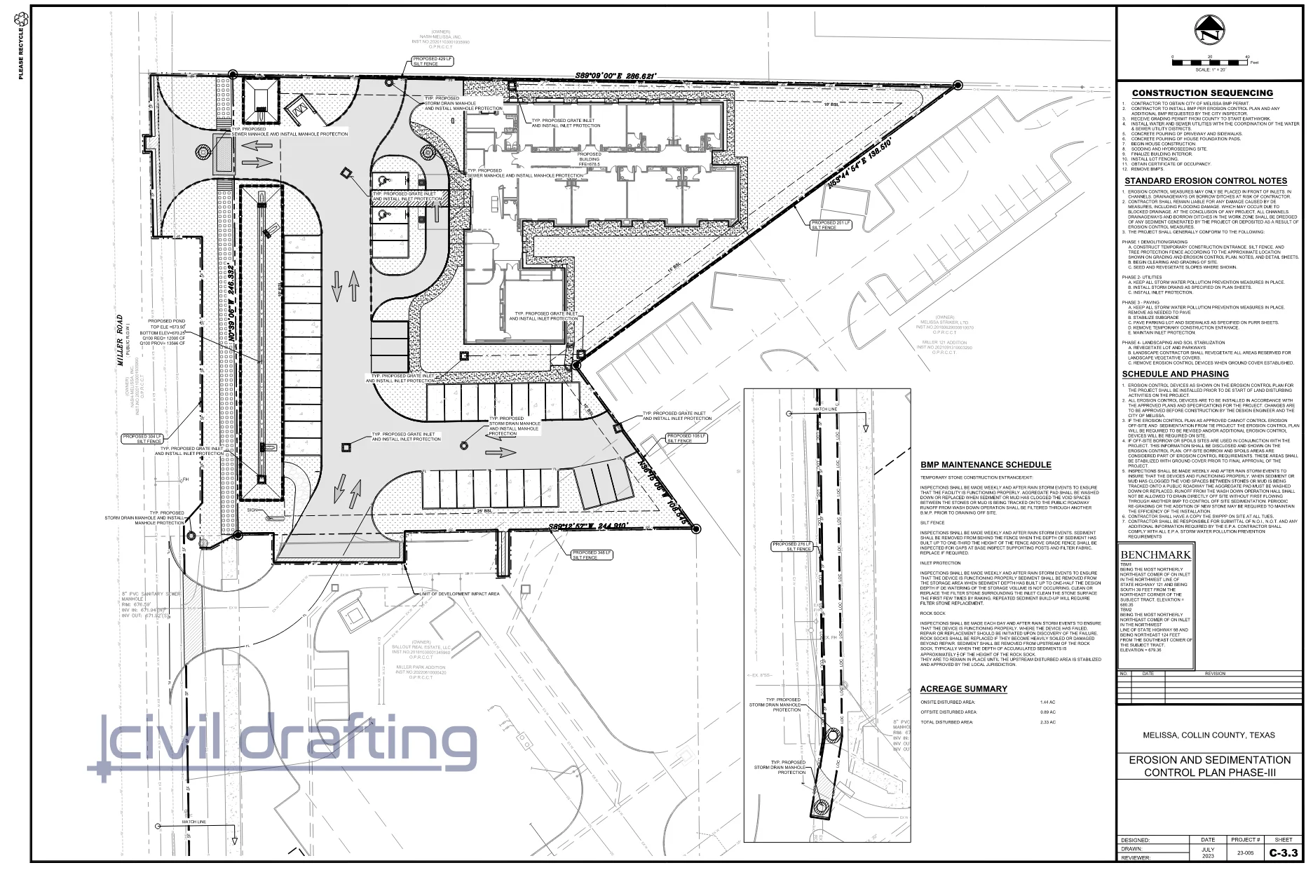 Erosion and Sedimentation Control Plan - Miller Road Project. This sheet presents the erosion and sedimentation control plan, including silt fence placement, inlet protection, and construction sequencing to minimize environmental impact during site development.