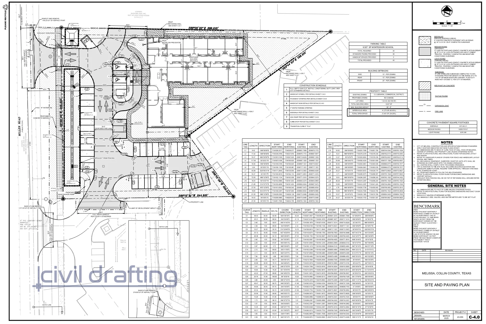Site and Paving Plan – Miller Road Montessori School. The site and paving plan illustrates the overall layout of the development, including parking areas, ADA spaces, fire lanes, sidewalks, and building placement, ensuring efficient circulation and compliance with local standards.