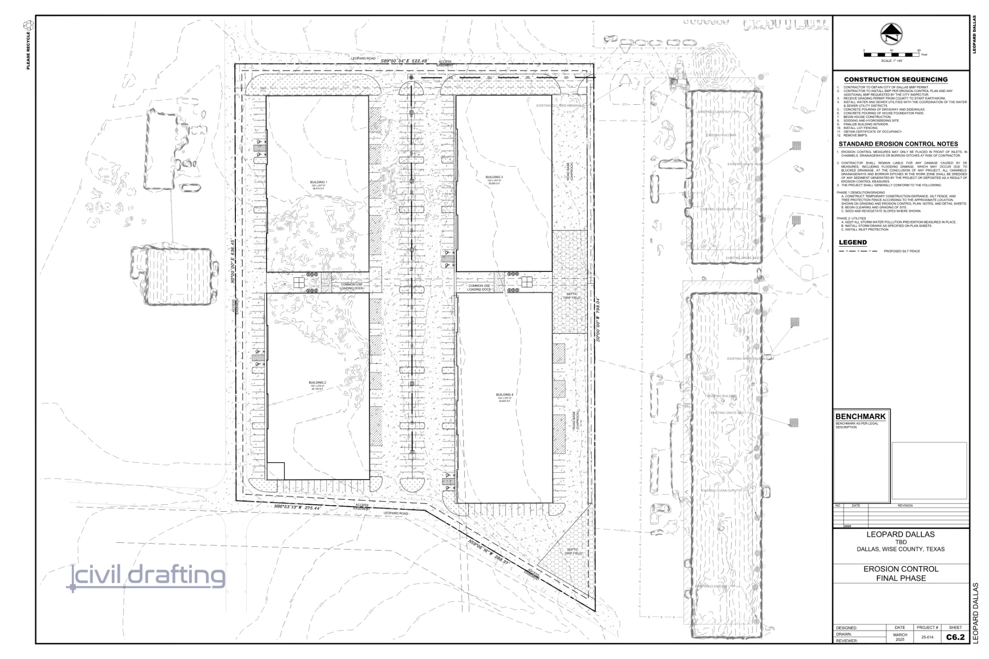 Erosion Control Final Phase Map - Dallas TX. This erosion control plan for an industrial development in Dallas, Texas outlines final phase stormwater management strategies, including silt fencing, stabilized construction entrances, and drainage protection measures.