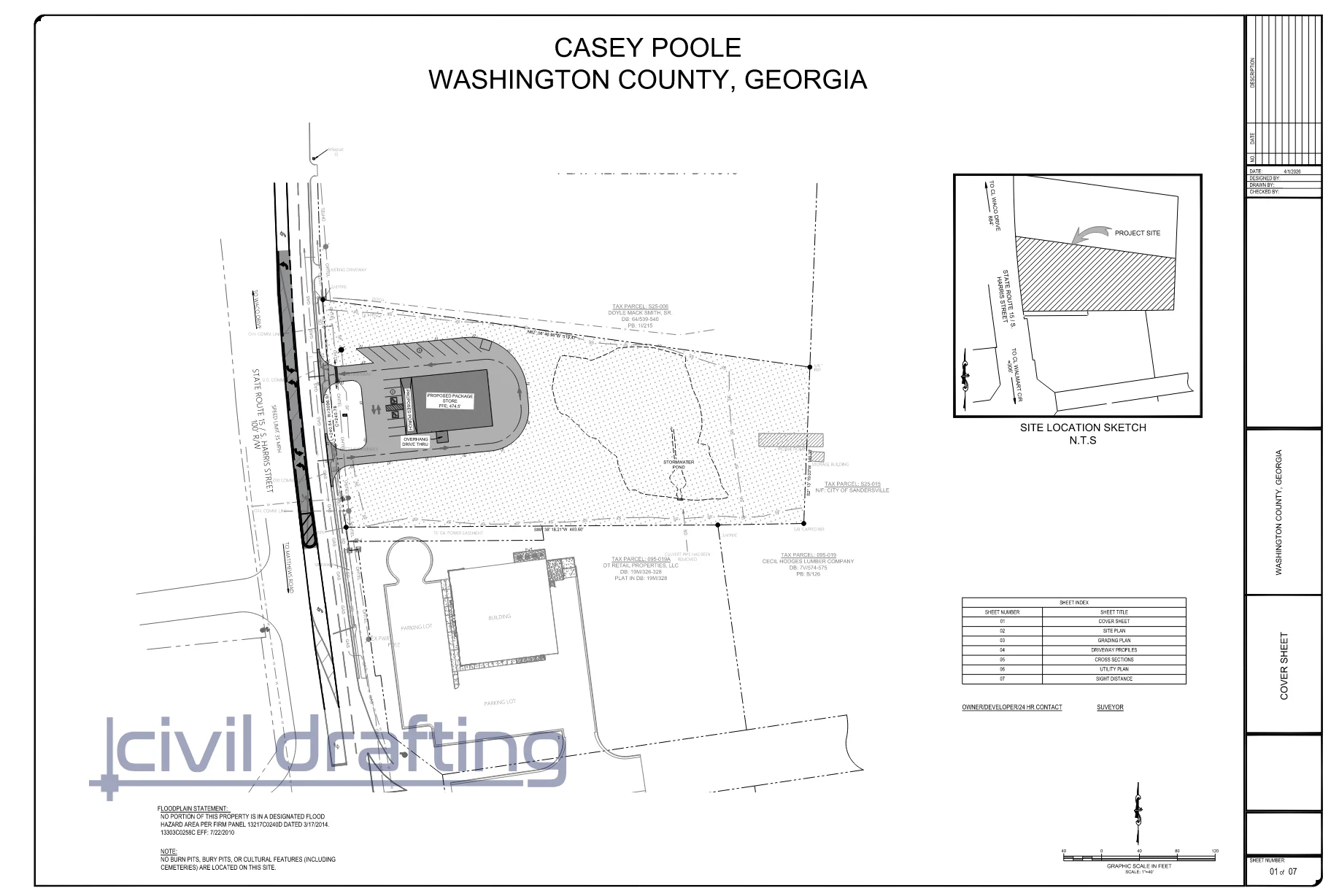 Cover sheet with site location sketch, project data, and sheet index for a package store in Washington County, Georgia