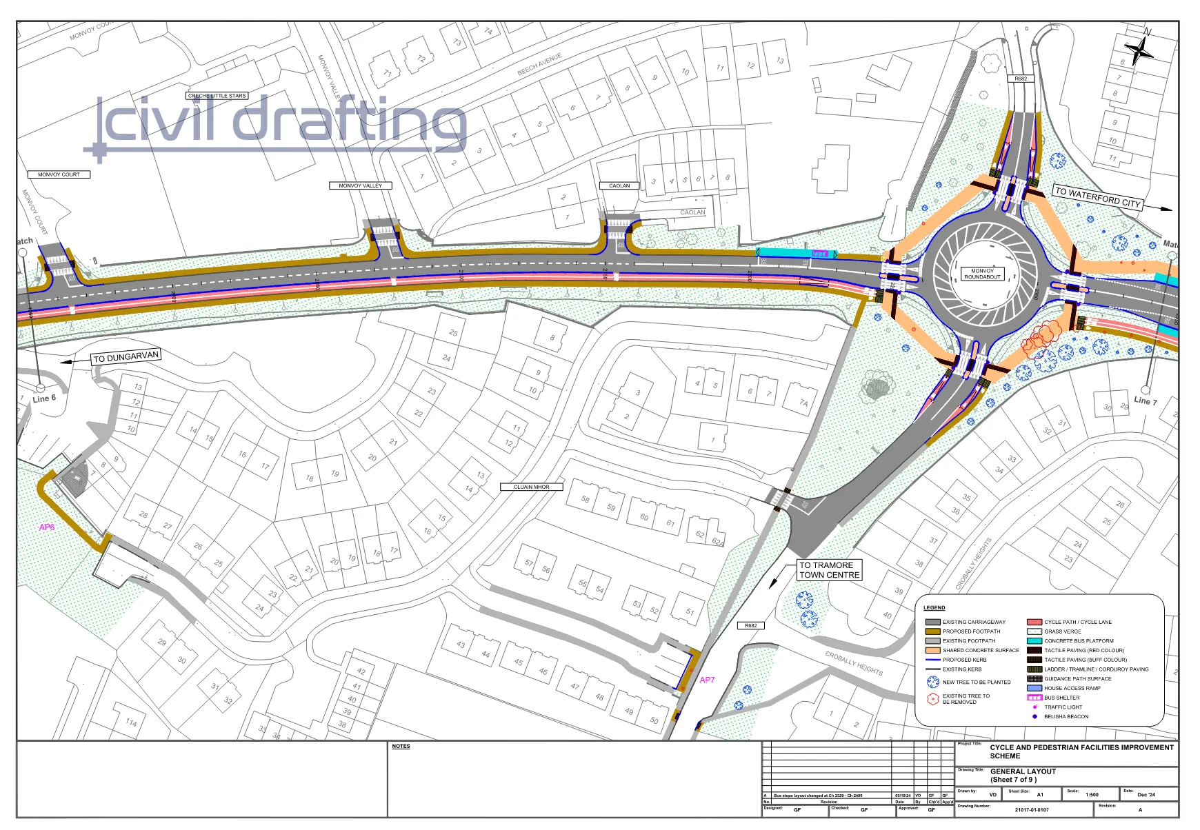 General Layout Section 7 - Tramore Ring Road Reconstruction. This section highlights the continuity of the reconstruction design, combining drainage infrastructure with pedestrian and cycling elements.