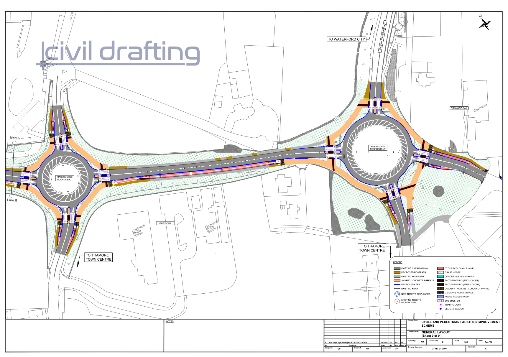 General Layout Section 9 - Tramore Ring Road Reconstruction. This sheet illustrates a major reconstruction zone featuring dual roundabouts, upgraded roadway geometry, and integrated cycling infrastructure.
