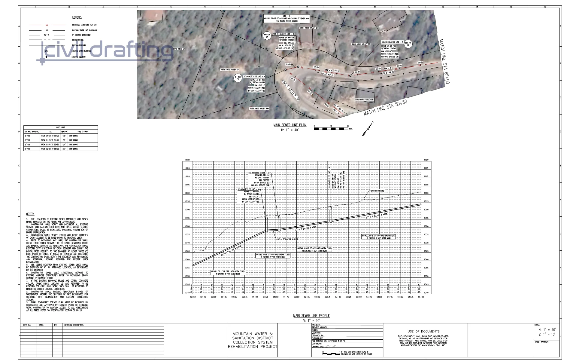 Main sewer line plan and profile along Kings Valley Dr showing cured-in-place pipe lining of an 8-inch sewer main between existing manholes