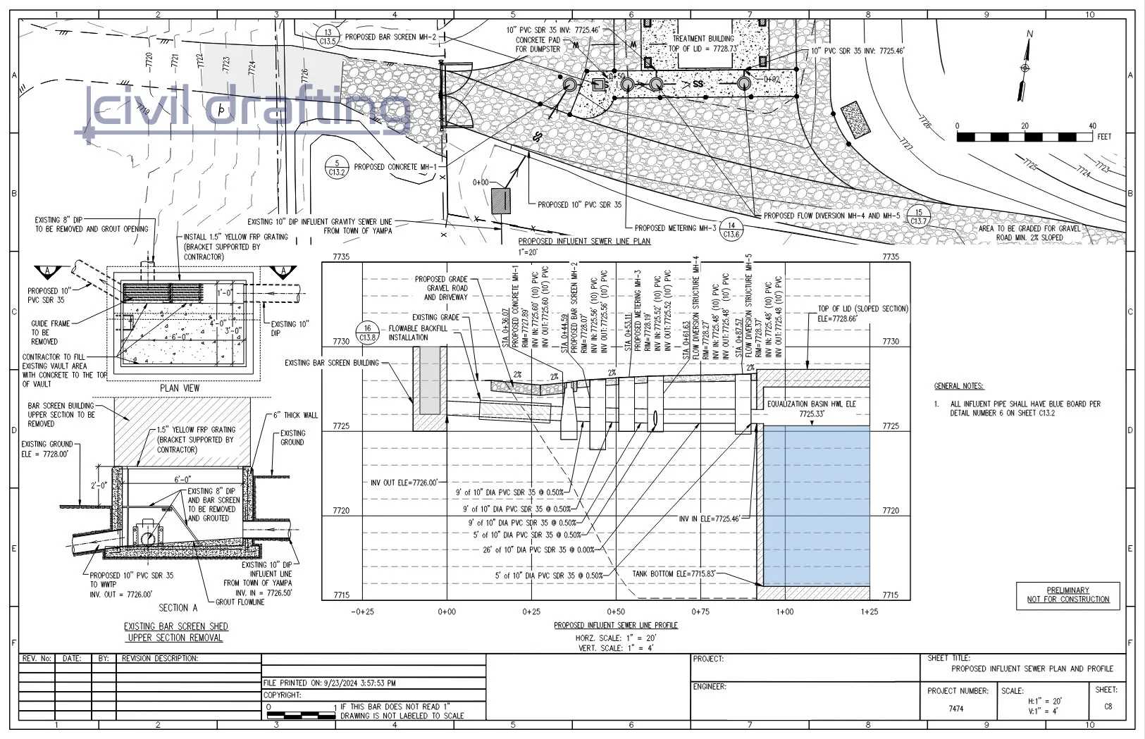 Sewer pipeline profile design - WWTP Reconstruction. Detailed plan and profile drawing showing proposed influent sewer alignment, pipe slopes, manholes, and connection to the treatment structure.