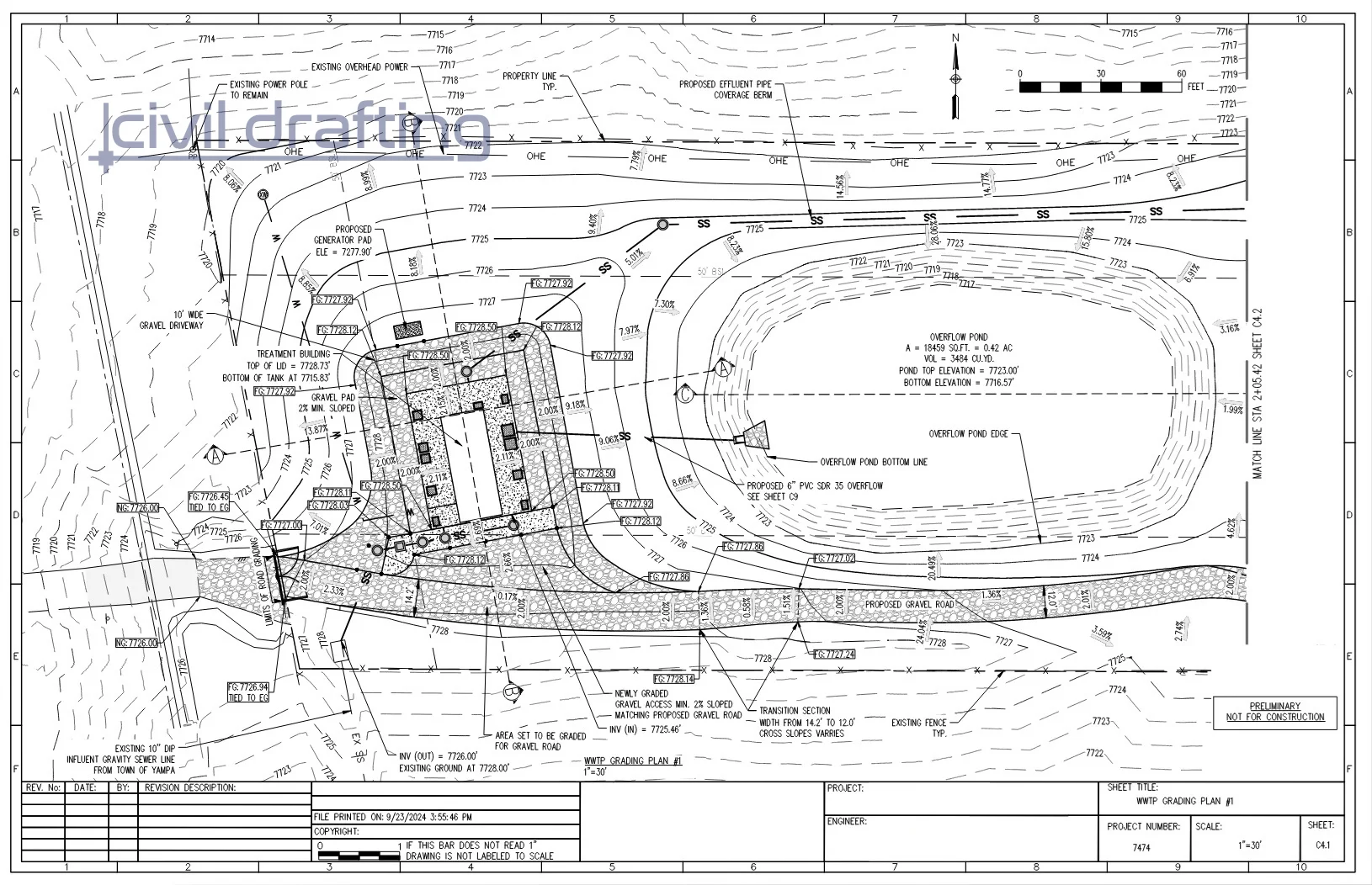 Grading Plan -  WWTP Reconstruction. WWTP Grading plan illustrating contours, drainage flow, pond elevations, and finished grades for the treatment facility and surrounding site.