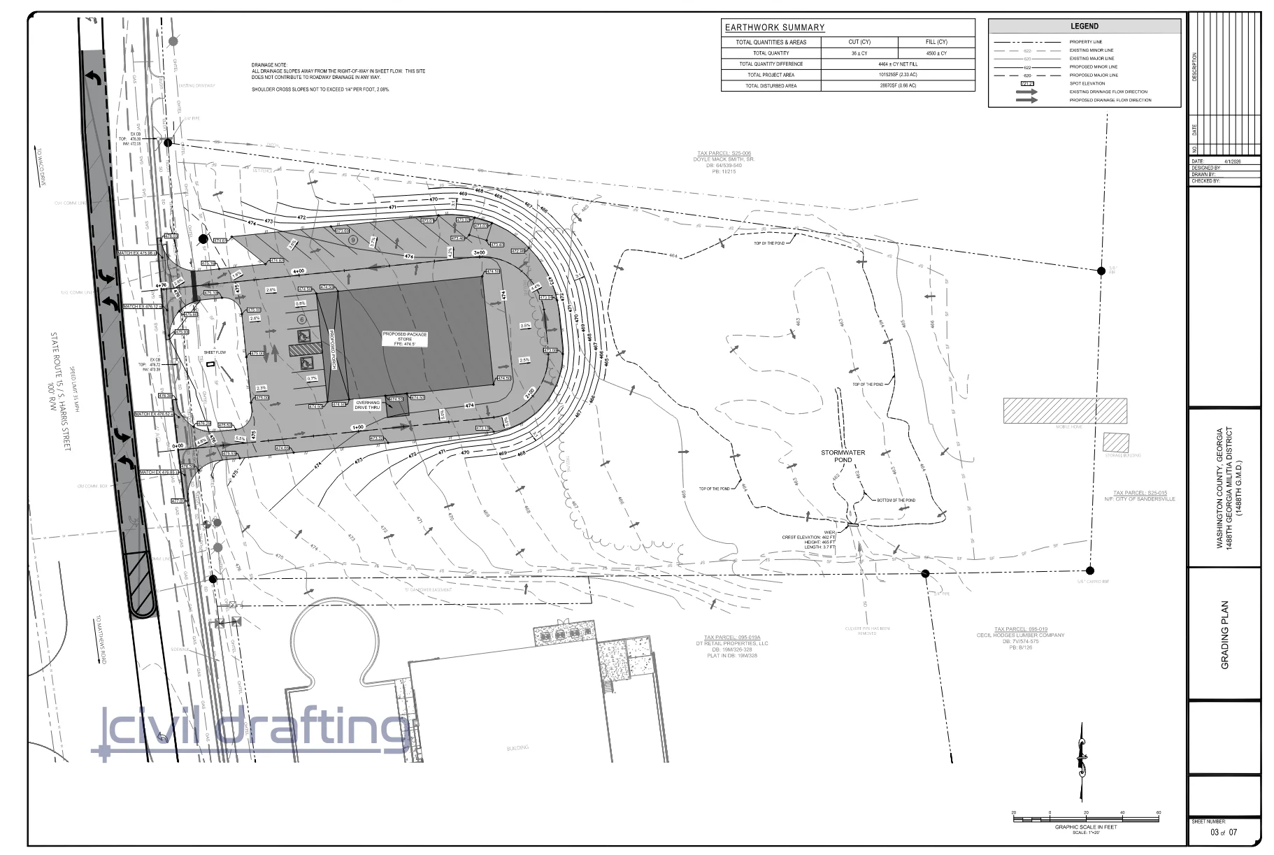 Grading plan for a package store site with proposed contours, spot elevations, and stormwater pond