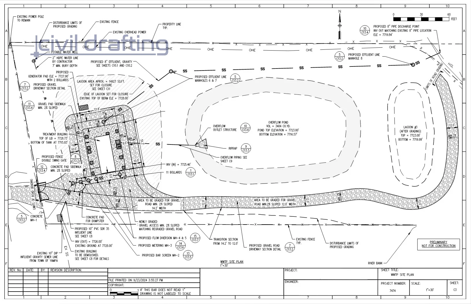 Site Plan - WWTP Reconstruction. Site layout showing treatment building, lagoon area, access roads, utility routing, and grading limits within the wastewater treatment facility.